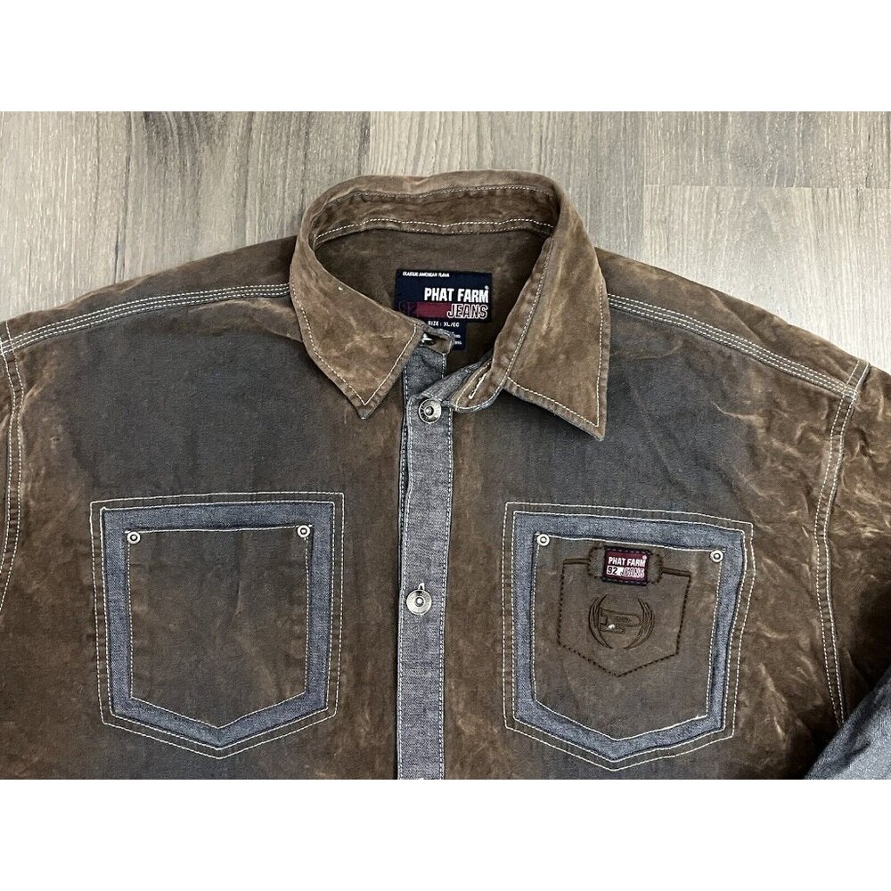 Vtg Phat Farm Shirt Denim Suede Button Down Distressed Worn XL Look Spell Out - Picture 3 of 14